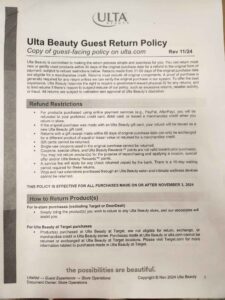 Ulta Beauty Returns Policy for guest